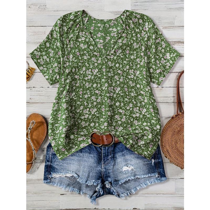 

Women s V-Neck Short Sleeve Green Floral Casual Loose Top Comfortable Fit Summer Shirt S зелёный