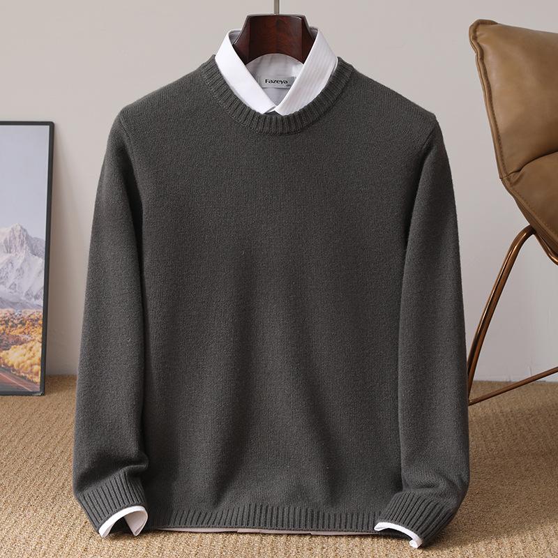 Men's Pure Wool Thickened Winter Pullover - Color Block Round Neck Cashmere Sweater