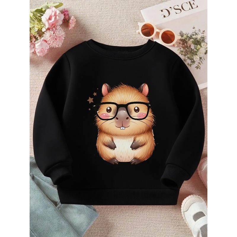 Adorable Hamster in Glasses: A Delightful Cartoon Design on a Long-Sleeve Crewneck Sweatshirt-Comfortable Casual Pullover Featuring a Charming Graphic