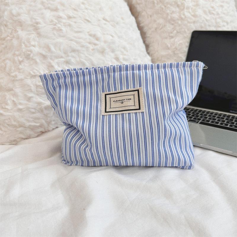 

Blue Striped Women s Makeup Case Wash Storage Bags Casual Canvas Ladies Cosmetic Bag Travel Female Clutch Purse Handbags синий