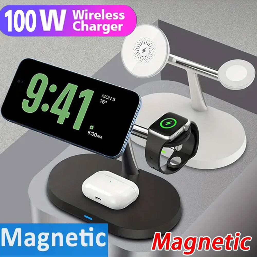 

100 Вт 3 в 1 беспроводное зарядное устройство для iPhone 12 13 14 15 для Magsafe Charger Airpods Pro Apple Watch 9 8 7 6 QI быстрая зарядная станция чёрный