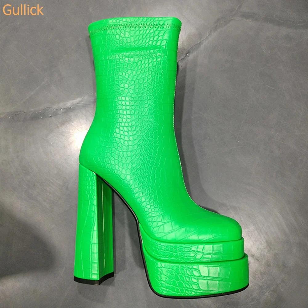Fashion 2025 Autumn Winter New Square Toe Boots Double Platform Chunky Heel Super High Heel Snake Pattern Side Zipper Women Short Boots