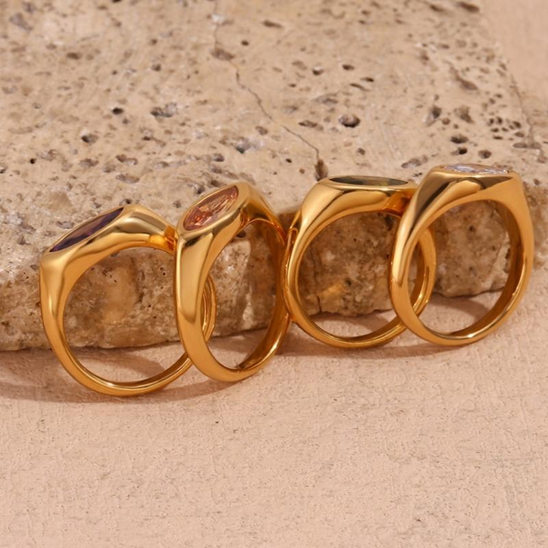 Horse Eye Zircon Seal Ring Colorful 18K Gold Plated Ring Stainless Steel Finger Jewelry Everyday Wear Accessories