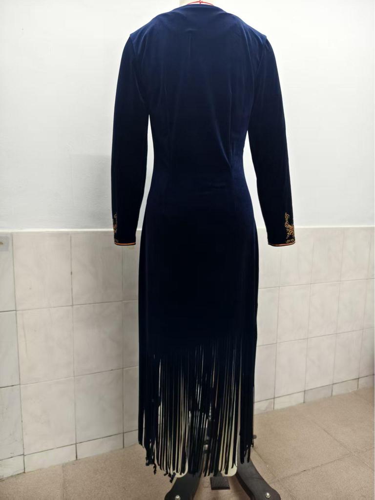 2025 Vintage Bohemian Tassel Floral V-neck Dress for Women – Spring/Autumn