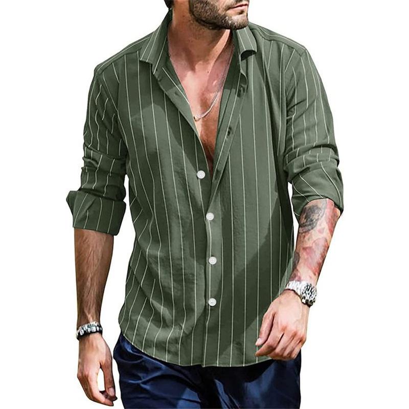 Mens Striped Long Sleeve Lapel Cardigan Shirt XS зелёный