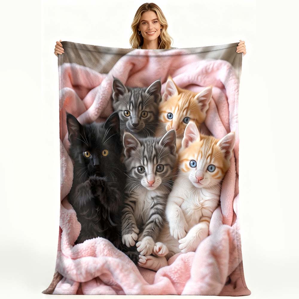 1pc Cute Kittens Flannel Throw Blanket Soft Warm Cozy Pet Pattern Blanket for Couch Bed Sofa Size: 75*100cm, Weight: 230 GSM