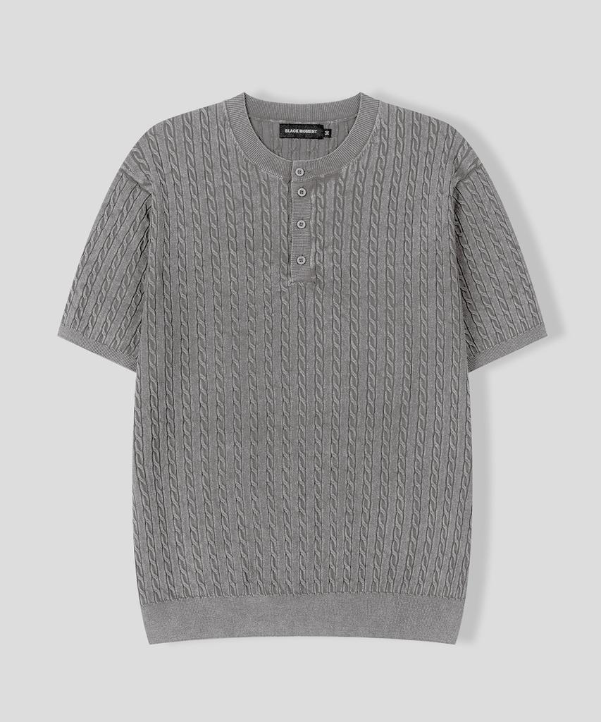 BLACK MOMENT Summer Cable Knit Henley Neck Short Sleeve Tee [Light Gray]