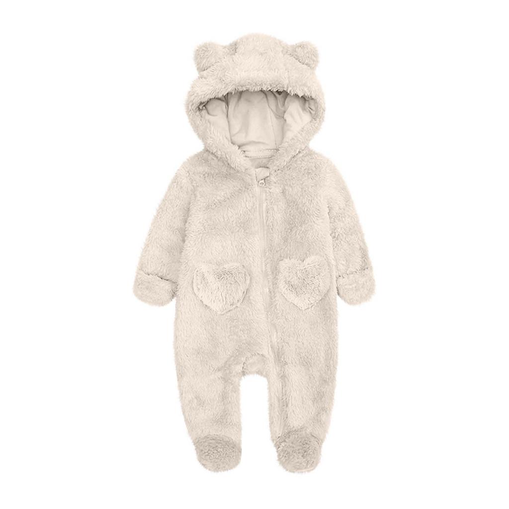 Baby Plush Warm One-Piece Bear Hooded Zipper Children's Solid Color Sleepsuit