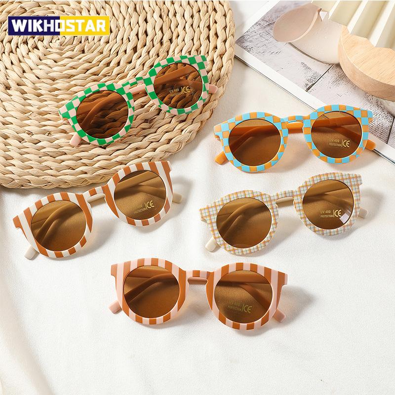 New Arrival 2-10 Years Kids Cute Round Sunglasses Boys Girls Baby Lattice Outdoor Children Fashion Cat Eye White Pink Shades