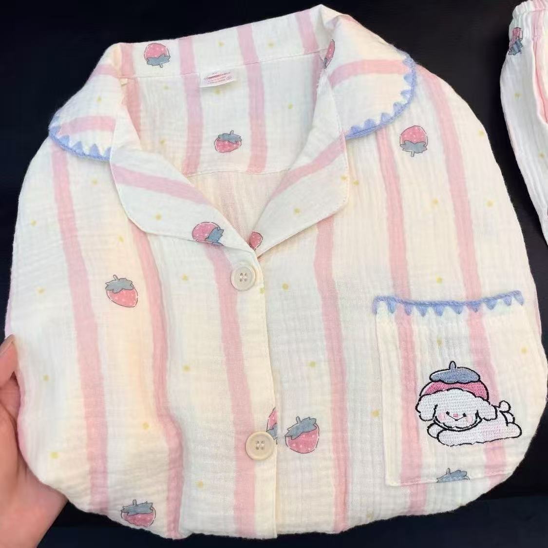Summer new strawberry puppy pajamas women s summer short-sleeved shorts cardigan two-piece women s casual loungewear S