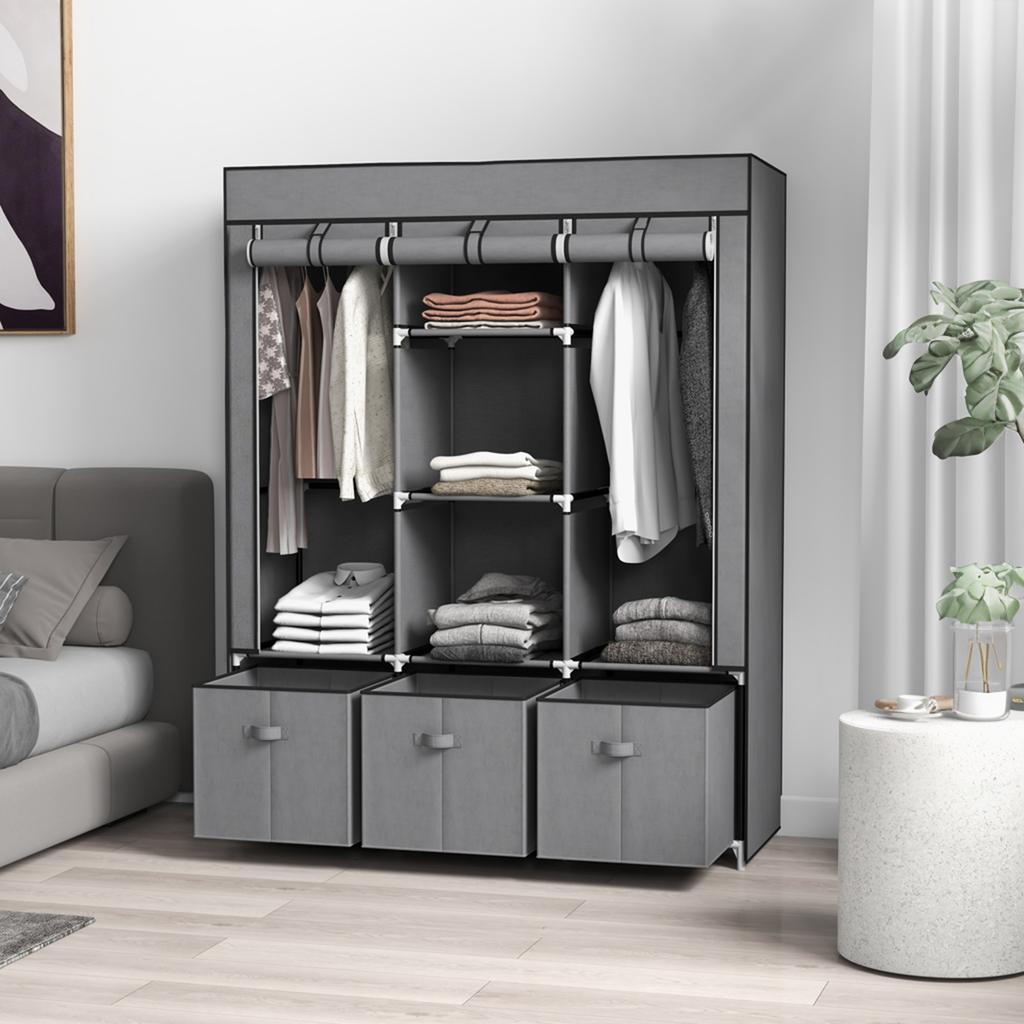 Fabric Wardrobe made of Non-Woven Fabric, Folding Wardrobe, incl. 3 Drawers, 125 cm x 43 cm x 162.5 cm, Grey