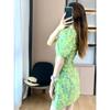 Rochie romantică și elegantă, verde, florală, franțuzească, cu mâneci bufante, pentru femei