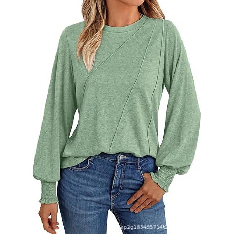 2026 popular women's long-sleeve shirt with pleated round neck, autumn top, fashionable women's clothing