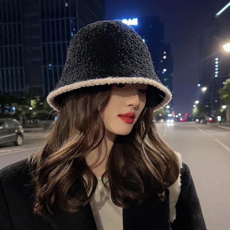 Black bucket hat women's big head circumference autumn plain basin hat autumn and winter simple face small knitted bucket