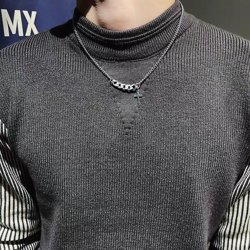 Pánský pletený svetr pulovr slim fit v korejském stylu s pruhy