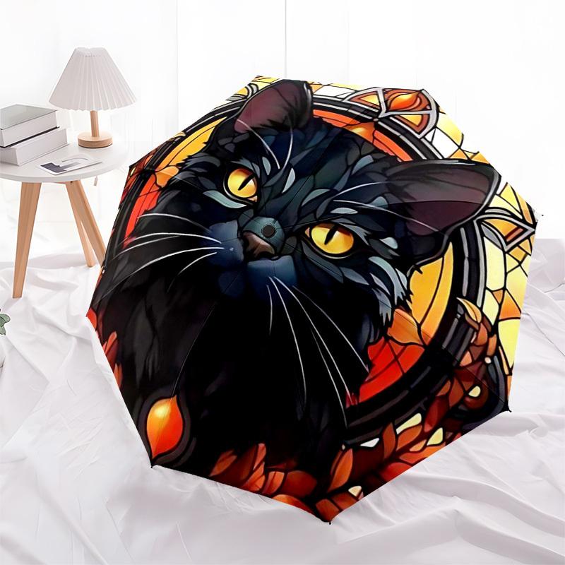 1pc Stained Glass Cat Design Automatic Folding Umbrella - Portable 3-Fold Design with 8-Bone Iron Frame, Outdoor for Fans, Travelers, Daily Use, Festi