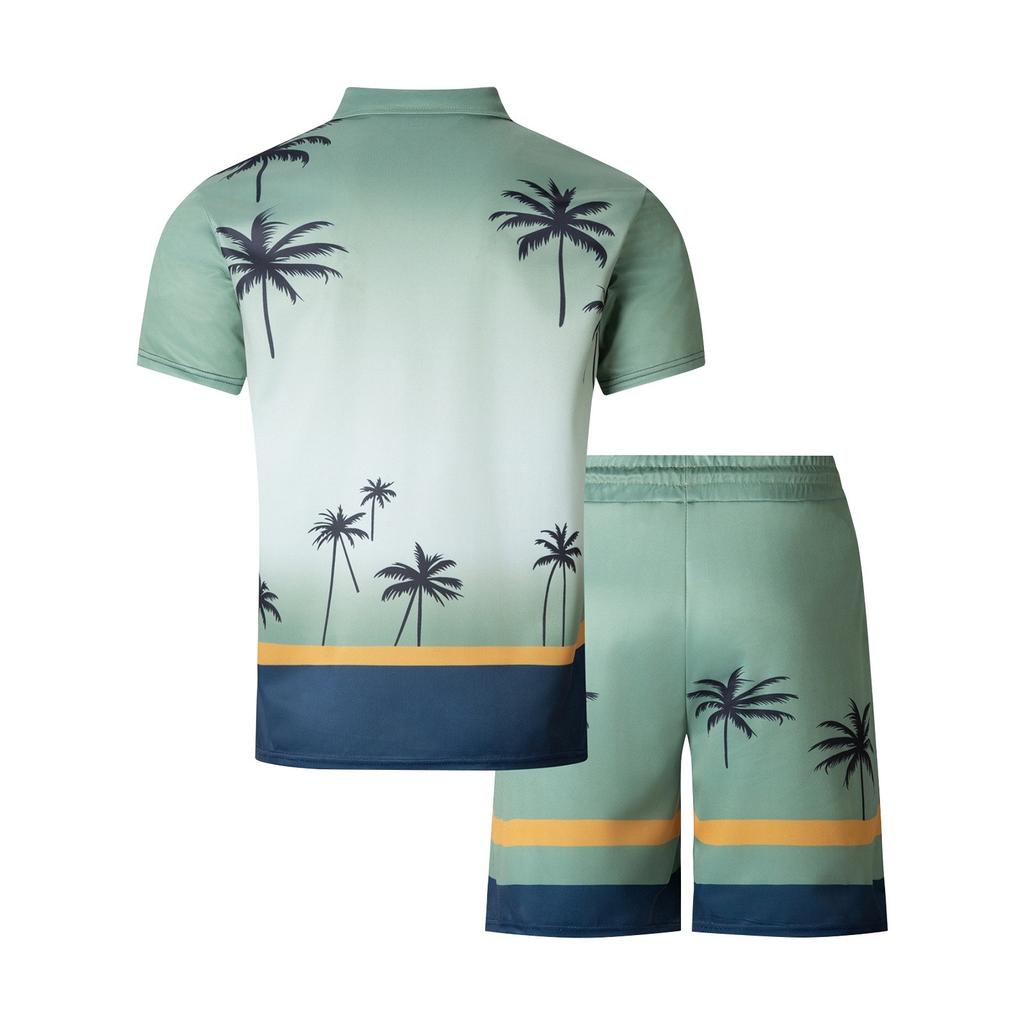 Men's Summer Printed Zipper Lapel Short Sleeve Top Shorts Suit Men's Casual Sports Suit