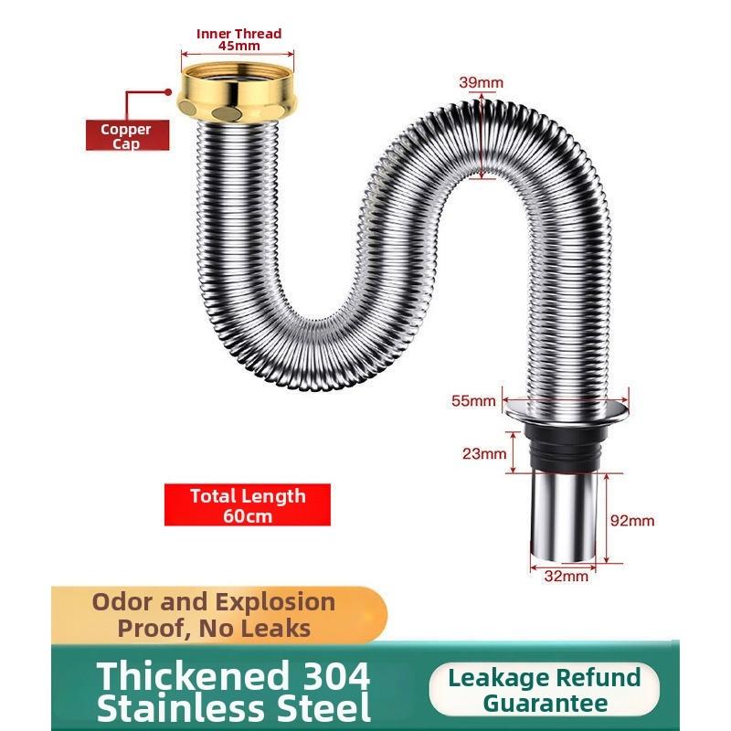 Kitchen Sink Drain Pipe Stainless Steel 304, 40 Cm Length, Leak-Proof And Odor-Blocking, Easy Installation, For Home-Use