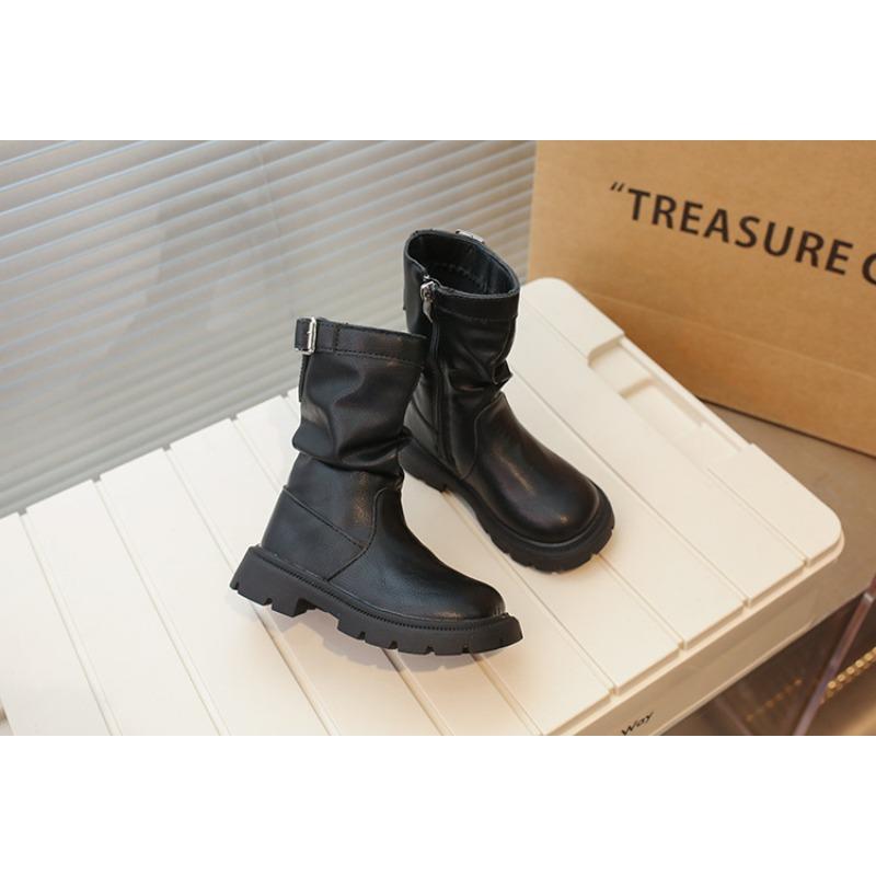 Girls Thick Heel Mid Calf Boots Fleece Lined Retro Stacked Boots