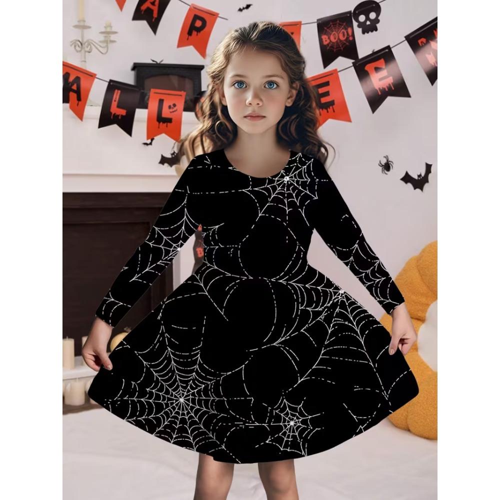 Girls' 3D Spider Web Dress Long Sleeve Summer Spring Vacation Daily Holiday Princess Beautiful Sweet Kids 4-12 Years Casual Dress A Line Dress
