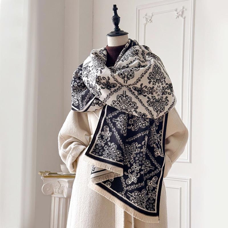 Winter Cashmere Scarf for Women Luxury Warm Shawl Floral Print Windproof Cape Pashmina Handerchief Designer Female Scarf