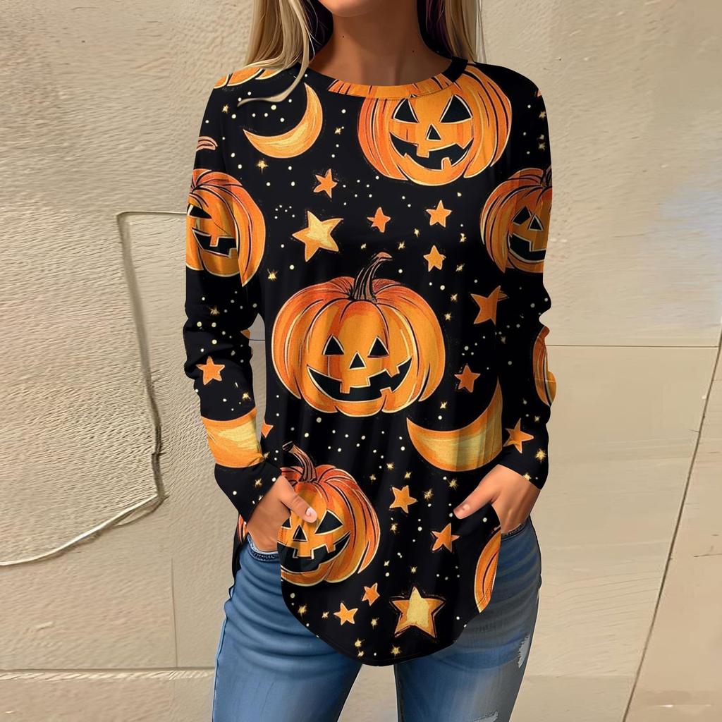 Women's Fashion Loose Round Neck Halloween Printed Long Sleeve T-Shirt Top Pullover