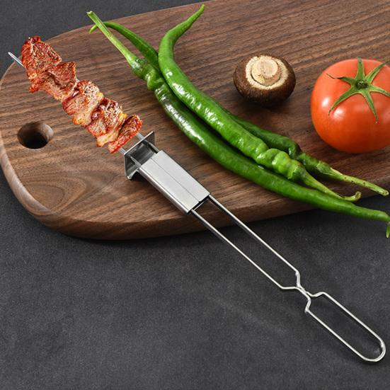 Heat Resistance Stainless Steel Double-Ended BBQ Fork Semi-automatic Design Reusable Barbecue Supply