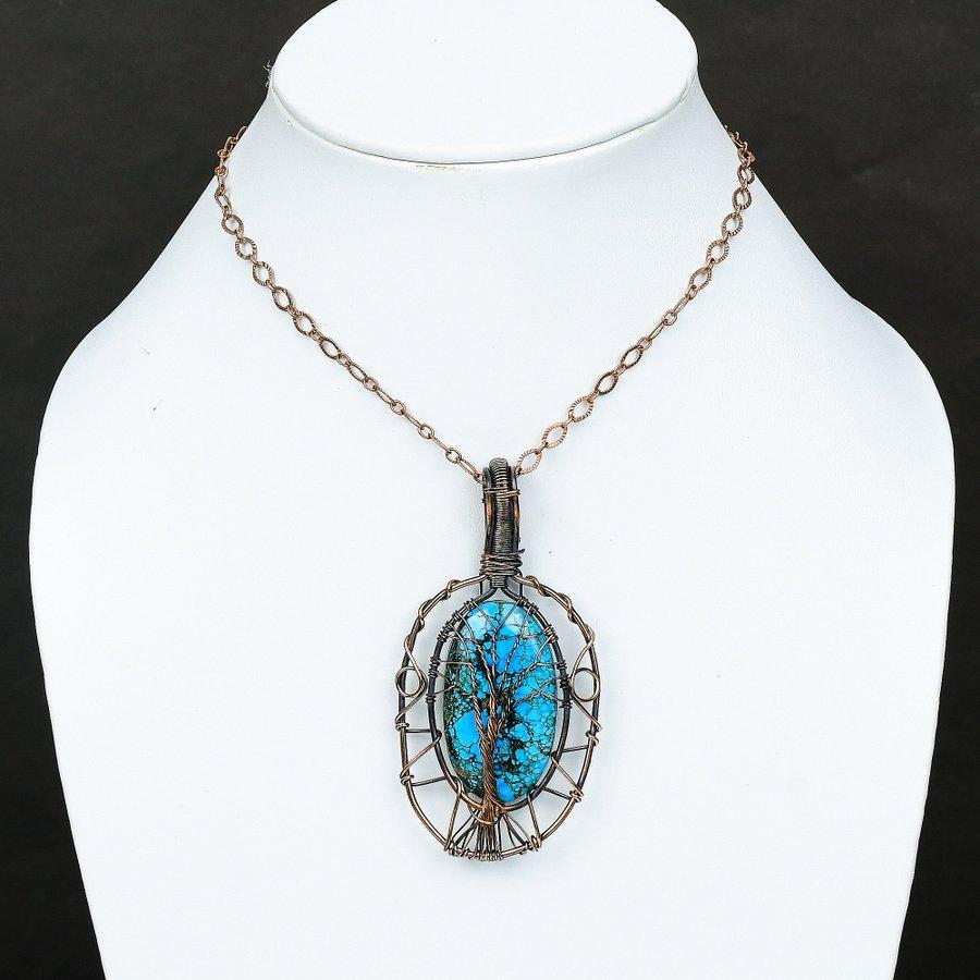 Tibetan Turquoise Handmade Copper Wire Wrap Jewelry Pendant 3.23" a0c96