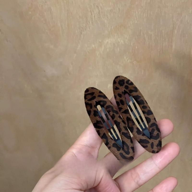 Leather Suede Leopard Print Triangular Interlock Oval Fringe Side Bar Hair Clip Hairpin Hairband