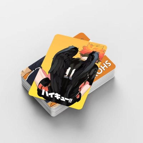 Haikyuu! Trading Cards, LOMO Cards, and Accessories, featuring Hinata Shoyo, Kageyama Tobio, Kuroo Tetsuro, Tsukishima Kei, and Sugawara Koushi. Karas
