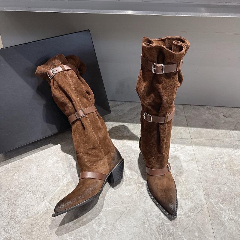 Autumn and winter new fashionable high-heeled metal belt buckle pointed western cowboy boots women's pleated thick-heeled women's boots