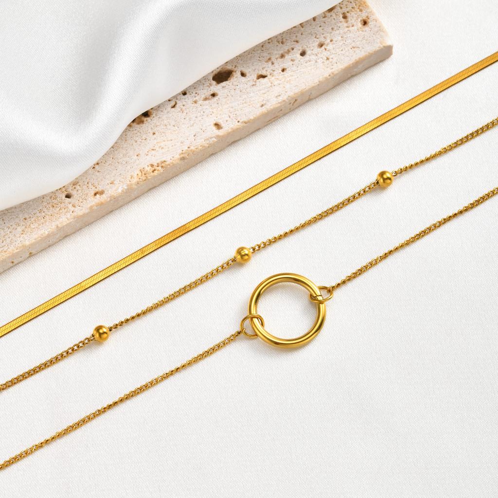 Stainless Steel Eternity Circle Pendant Triple Layer Chain Necklace for Women Architectural Necklace Waterproof Jewelry