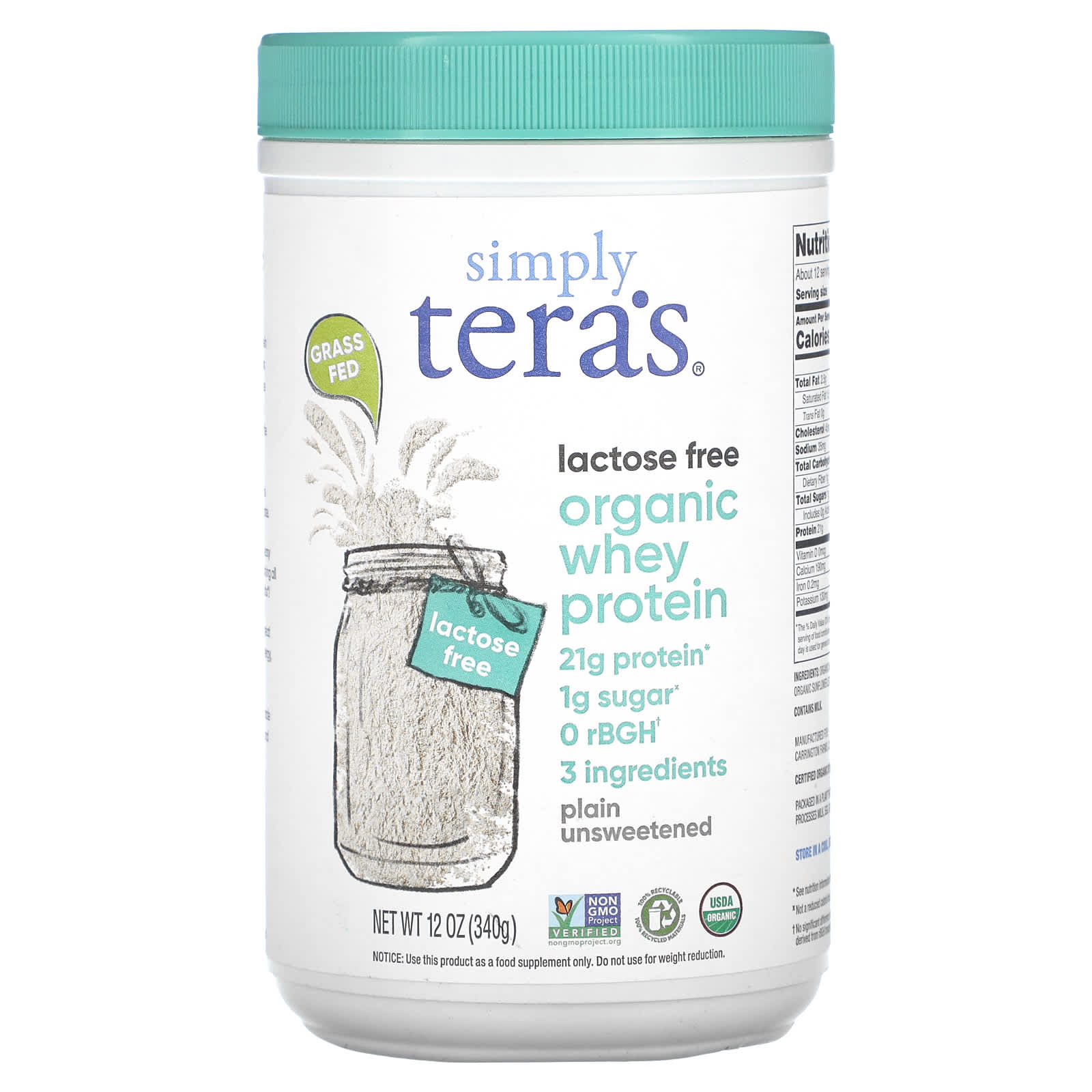 

Simply Tera s, Organic Whey Protein, Plain Unsweetened, 12 oz (340 g)