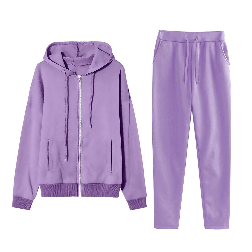 Women's Fashion Solid Color Pullover Casual Fresh Long Sleeve Hooded Sweatshirt Set