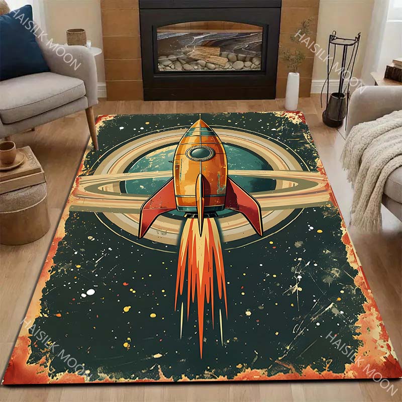 Retro Iron Spaceship Carpet for Living Room Bedroom Bedside Floor Mat Sofa Table Area Rugs Home Decor Large Size Machine Wash