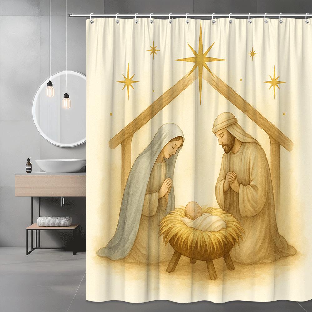 

Christmas Nativity Scene Shower Curtain Holy Family Stable Star Of Bethlehem Religious Decor Waterproof Free Hooks Included W60H190(CM)-1 Pcs