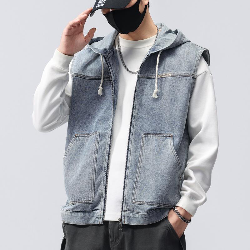 

Men s American Retro Hooded Denim Vest Jacket - Casual, High-Quality, Loose Fit for Spring and Autumn 3XL светло-синий
