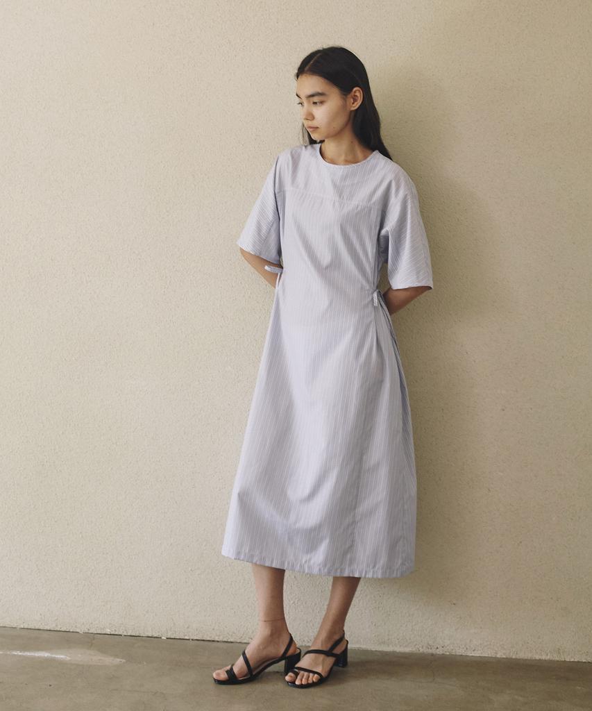 BETWEEN A AND B Waist Ribbon Stripe Long Dress [Blue]