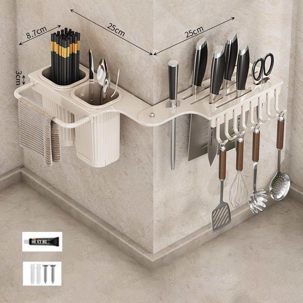 50cm Rotating Kitchen Knife Holder with 2 Utensil Container, Multifunctional Wall-Mounted Corner Storage Rack for Home