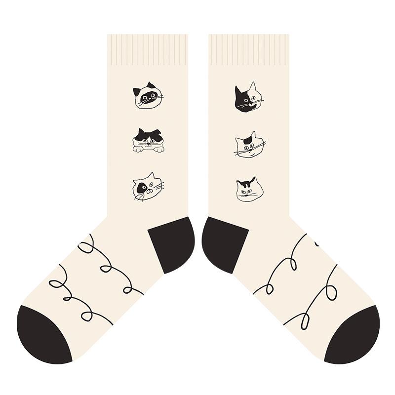 

Fall Cat s Head Fresh Mid-Calf Socks - Fashionable Retro Couple Style Cotton Socks for Women and Men 1 pair