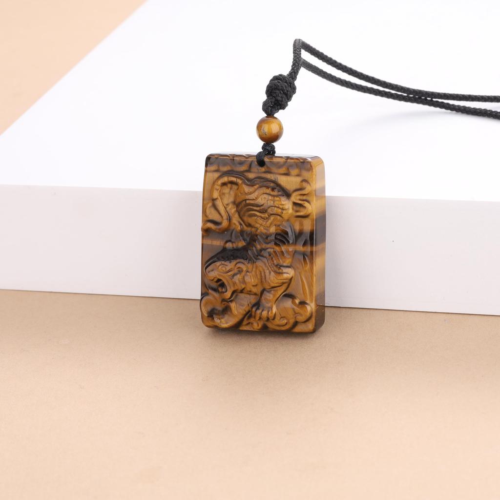 [COAI] Tiger Carving Tiger Eye Lucky Charm Plate for Wealth, Business Success, and Business Luck - Power Stone Pendant Necklace for Men and Women,