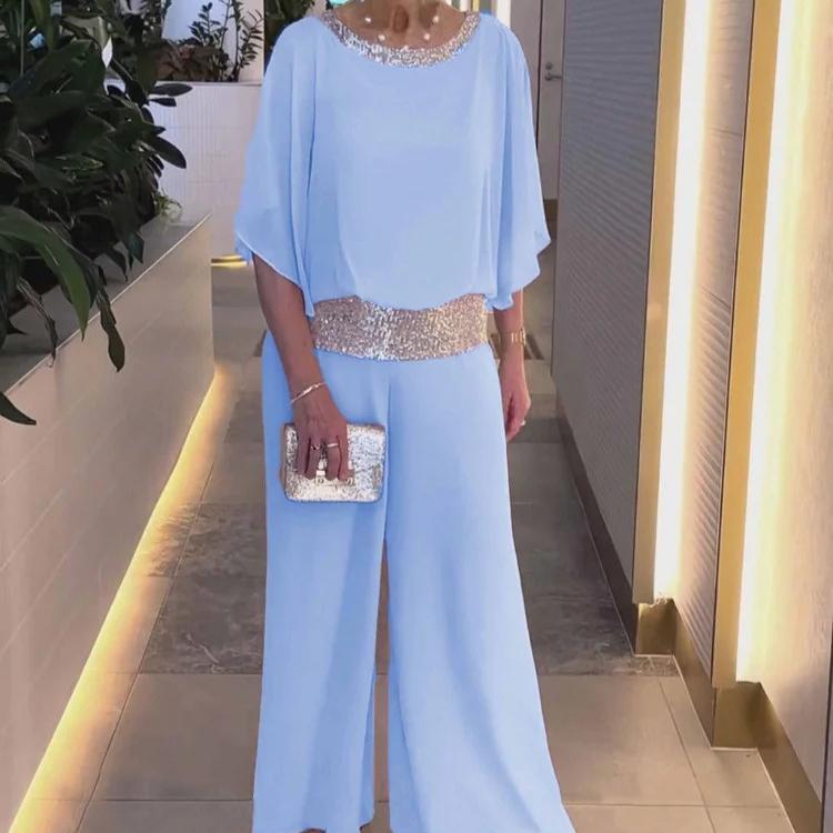 2026 New Suit Crew Neck Sequined Color Matching Batman Shirt Wide-leg Pants Suit Women