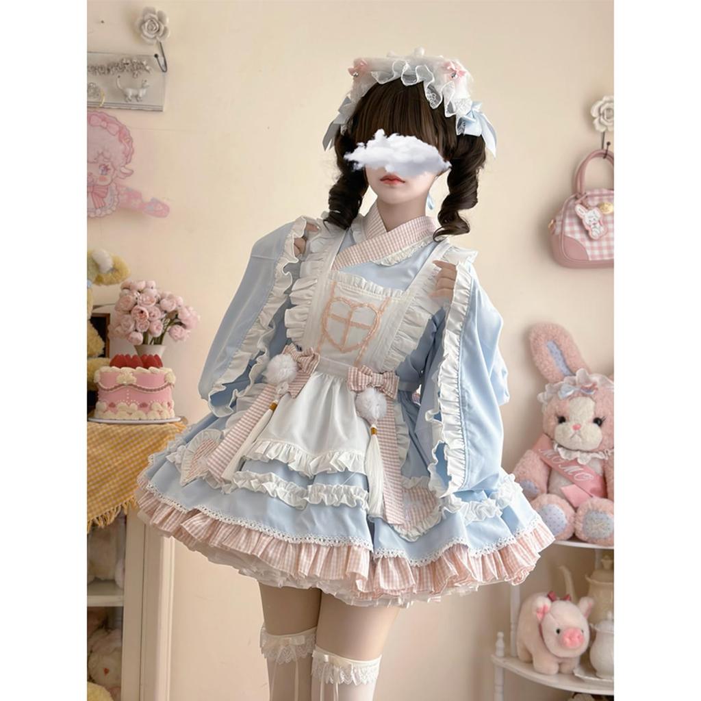 Toku and Yu Lolita Maid Japanese Kimono with Ribbon and Tassel Cute Checked Long Mori Girl Perfect for Tea School and Costumes Size Dress, Style,