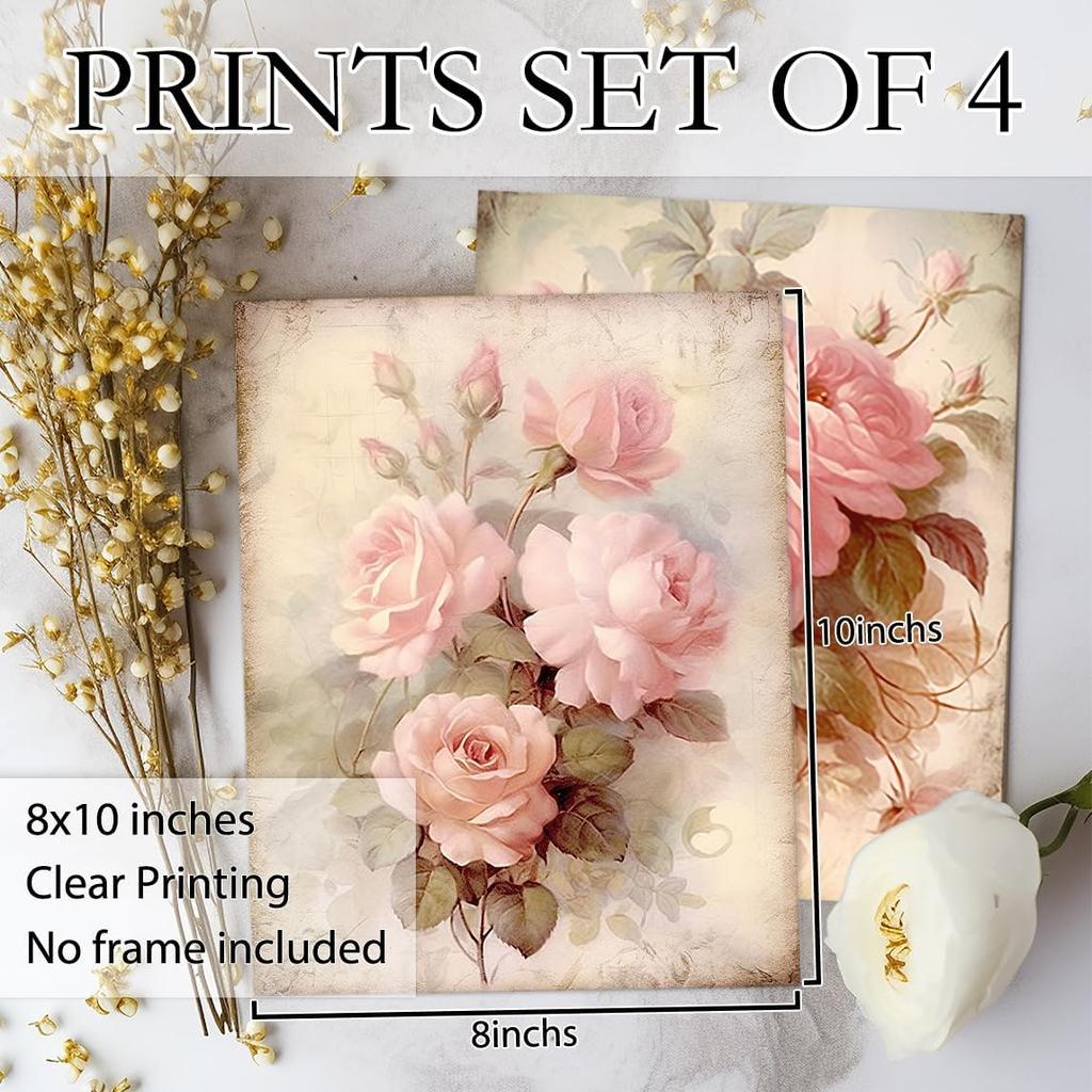 laveliabel Vintage Pink Rose Wall Art Prints Set of 4 Unframed, Floral Wall Decor, Shabby Chic Pink Floral Botanical Poster Prints for Cottagecore