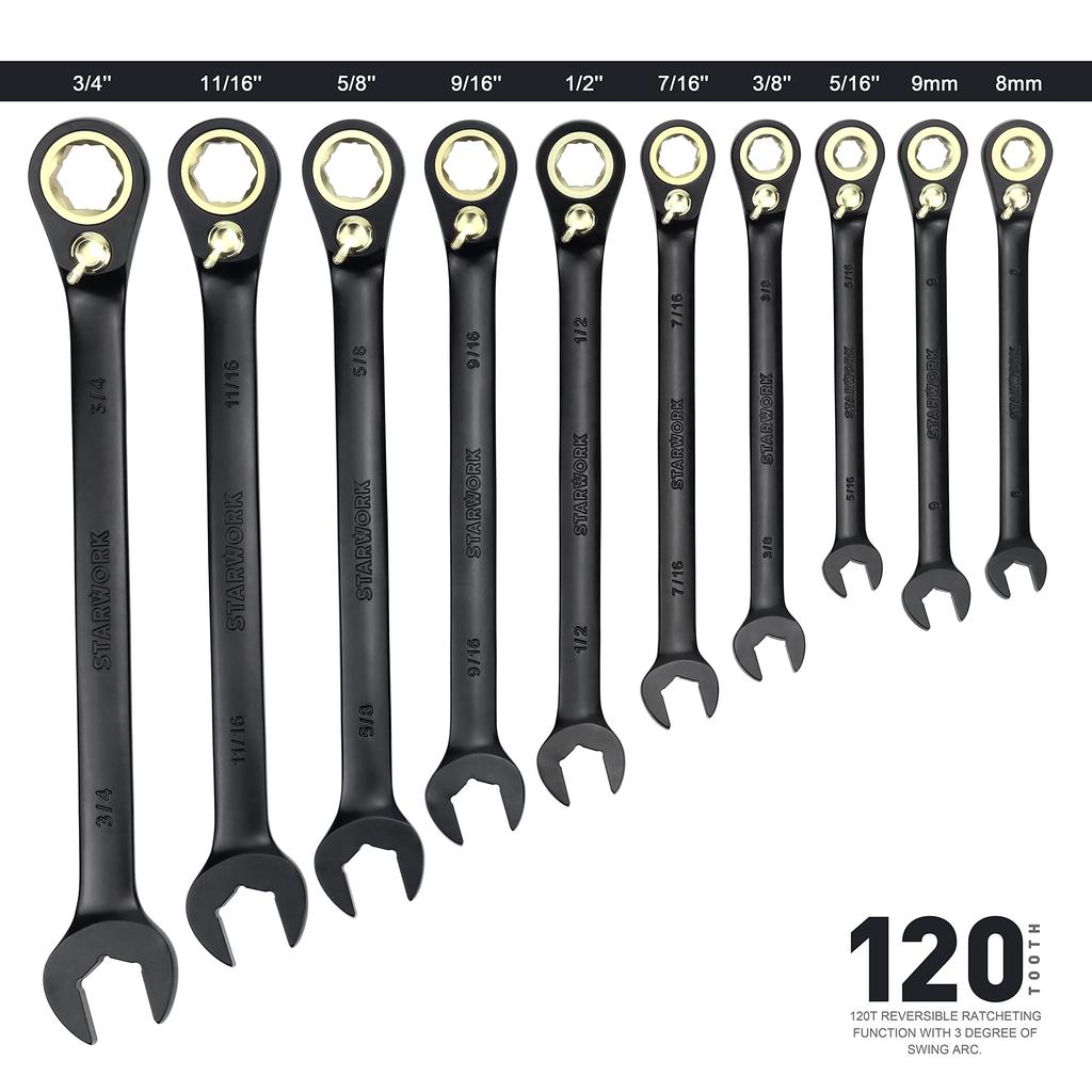 STARWORK TRUE Ratchet Wrench 120T Head Gear XL Ratchet Wrench Set with Storage Bag 20-Piece MECHANIC™ Dual-purpose Non-Slip (SAE/Metric)