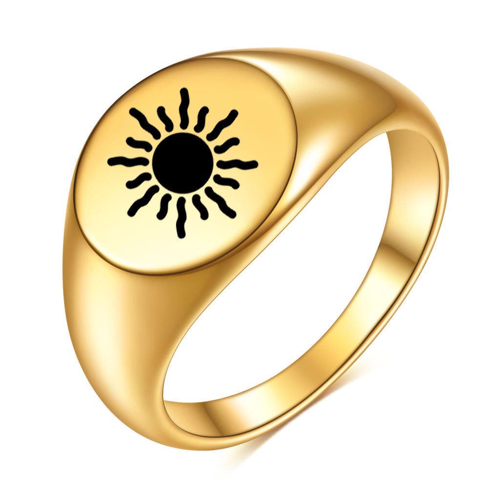 European & American 12MM Engraved Sun Stainless Steel 18K Gold Women's Ring - Fashionable, Hot-Selling, Cross-Border Design.