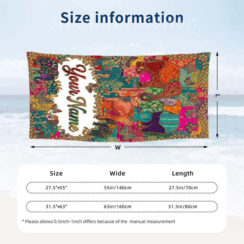 Elephant Theme Beach Towel Personalized Custom Name & Text Soft Quick Dry Beach Towel for Swimming Travel