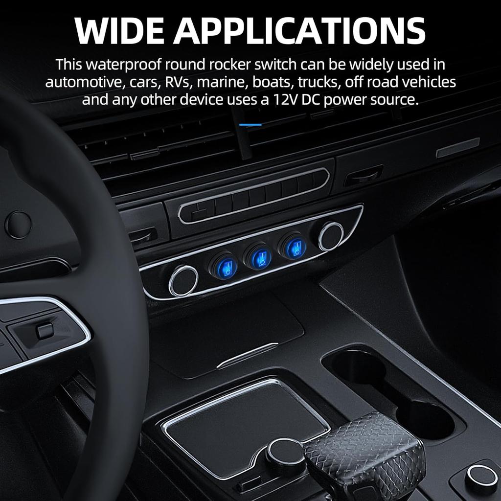 DaierTek UL Listed Waterproof Round Rocker Switch with Shell 12V Blue LED Rocker Toggle Switch Lighted ON Off SPST 3 Pin Rocker Switch 12 Volt for