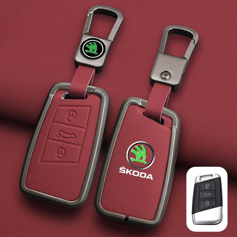 AFK1 Leather Car Remote Key Case Full Cover Protector Holder Shell Fob For Skoda Superb A7 Kodiaq Octavia A7 A8 Keychain Accessories