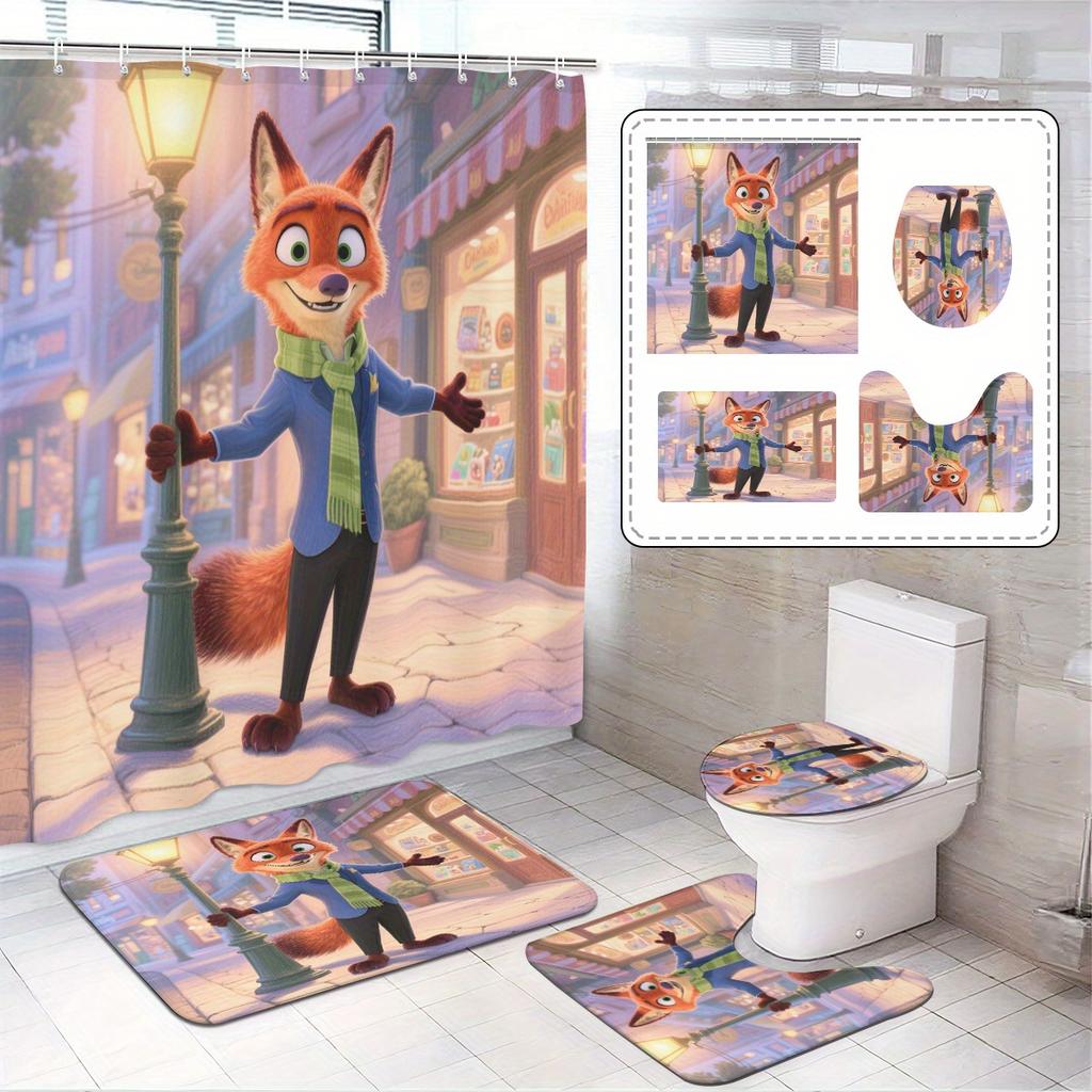 4pcs Official Disney Zootopia Bathroom Collection: Waterproof Shower Curtain with All Characters, 4-Piece Set
